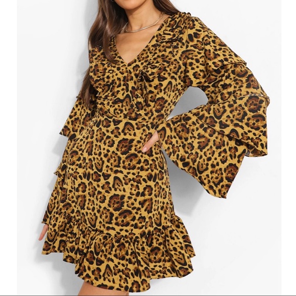 🐆 LEOPARD PRINT RUFFLE LONG SLEEVE DRESS! - Picture 2 of 8